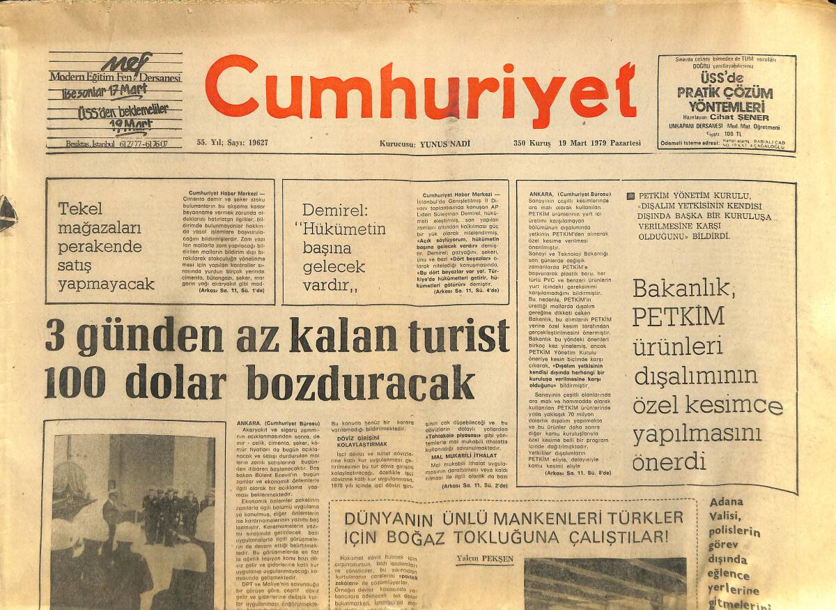 Cumhuriyet Gazetesi 19 Mart 1979 - Dünyanın Ünlü Mankenleri Türkler İçin Boğaz Tokluğuna Çalıştılar! - Sezen Aksu TRT'yi Uyardı GZ147815 - 1