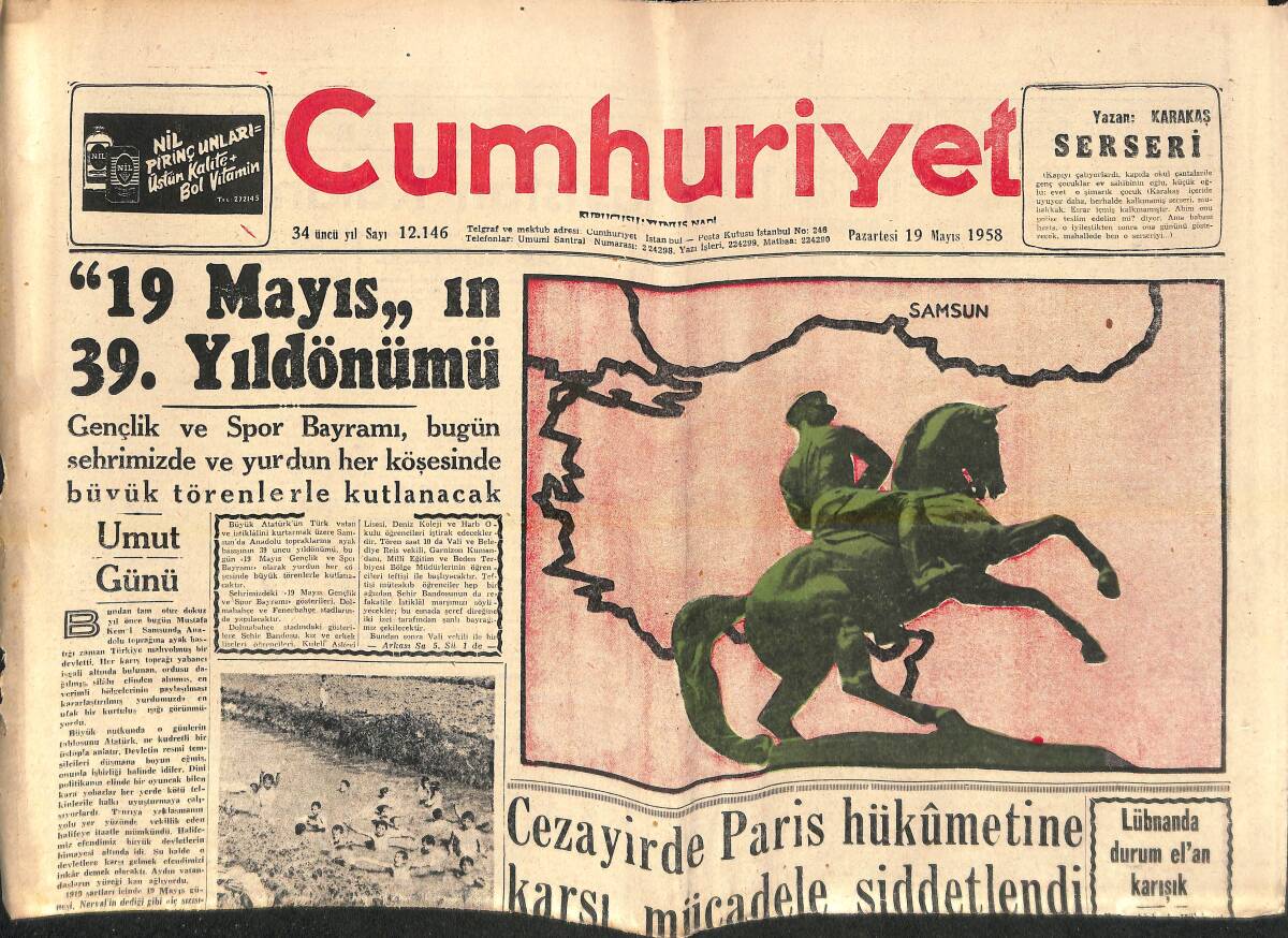 Cumhuriyet Gazetesi 19 Mayıs 1958 - Cezayirde Paris Hükümetine Karşı Mücadele Şiddetlendi - Rock And Roll'a Karşı Amerika'da Mücadele Başladı! GZ139081 - 1