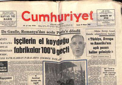 Cumhuriyet Gazetesi 19 Mayıs 1968 - Bütün Fransada Sosyal Hizmetler Durdu , Halk Bankalardan Paralarını Çekmeğe Başladı GZ84948 - 1