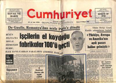 Cumhuriyet Gazetesi 19 Mayıs 1968 - De Gaulle , Romanyadan Acele Parise Döndü GZ84947 - 1