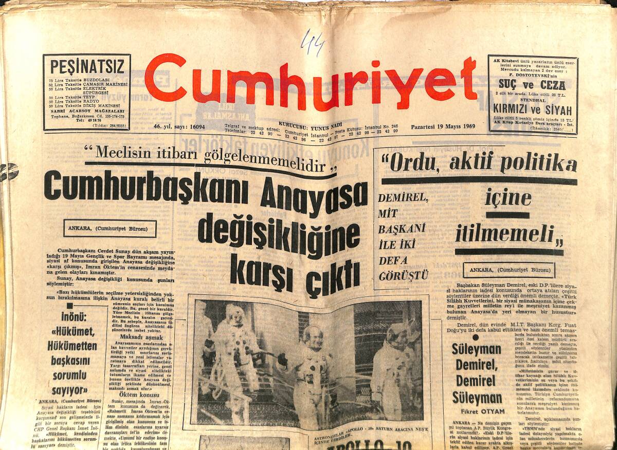 Cumhuriyet Gazetesi 19 Mayıs 1969 - Cumhurbaşkanı Anayasa Değişikliğine Karşı Çıktı - Apollo-10 Uzayda Kenetlendi GZ140009 - 1