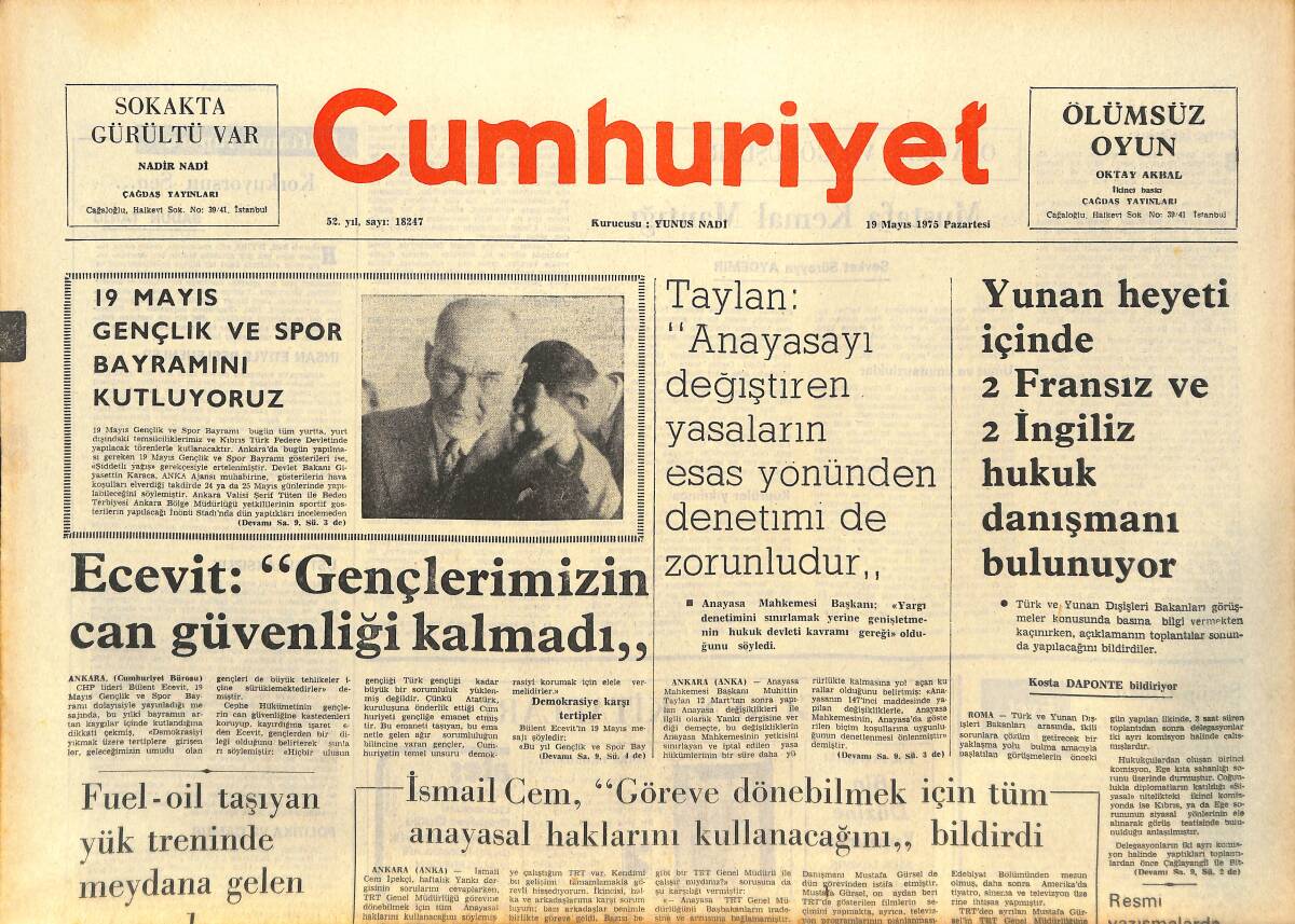 Cumhuriyet Gazetesi 19 Mayıs 1975 - Ajda Pekkan'ı Sizin Seçtikleriniz'de Dinleyeceğiz - Karadeniz'de Aç İnsan Yok Ama Herkes Yarından Kuşkulu GZ143646 - 1
