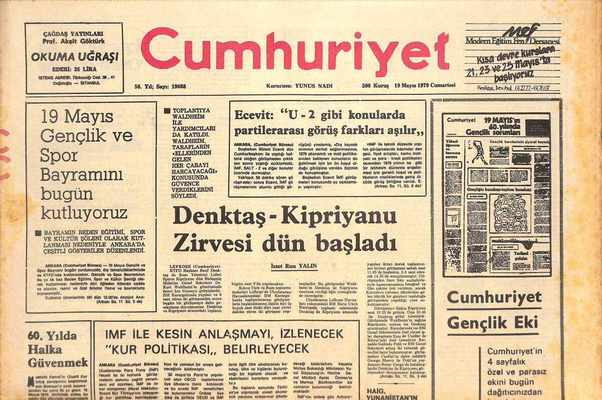 Cumhuriyet Gazetesi 19 Mayıs 1979 - Denktaş-Kiprisyanu Zirvesi Dün Başladı - 19 Mayıs Gerçeği GZ143795 - 1