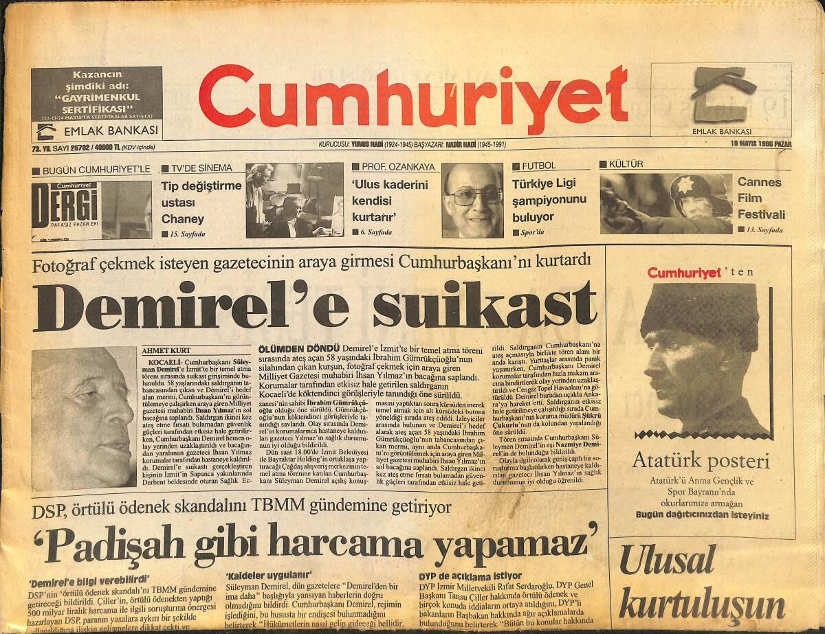 Cumhuriyet Gazetesi 19 Mayıs 1996 - Demirel'e Suikast - Fenerbahçe'de Moral Hocası Oğuz Ve Aykut GZ147879 - 1