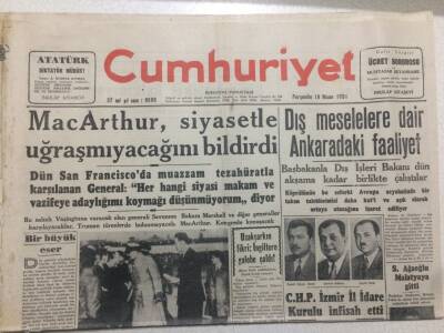 Cumhuriyet Gazetesi 19 Nisan 1951 - Mac Arthur Siyasetle Uğraşmayacağını Bildirdi GZ52526 - 1