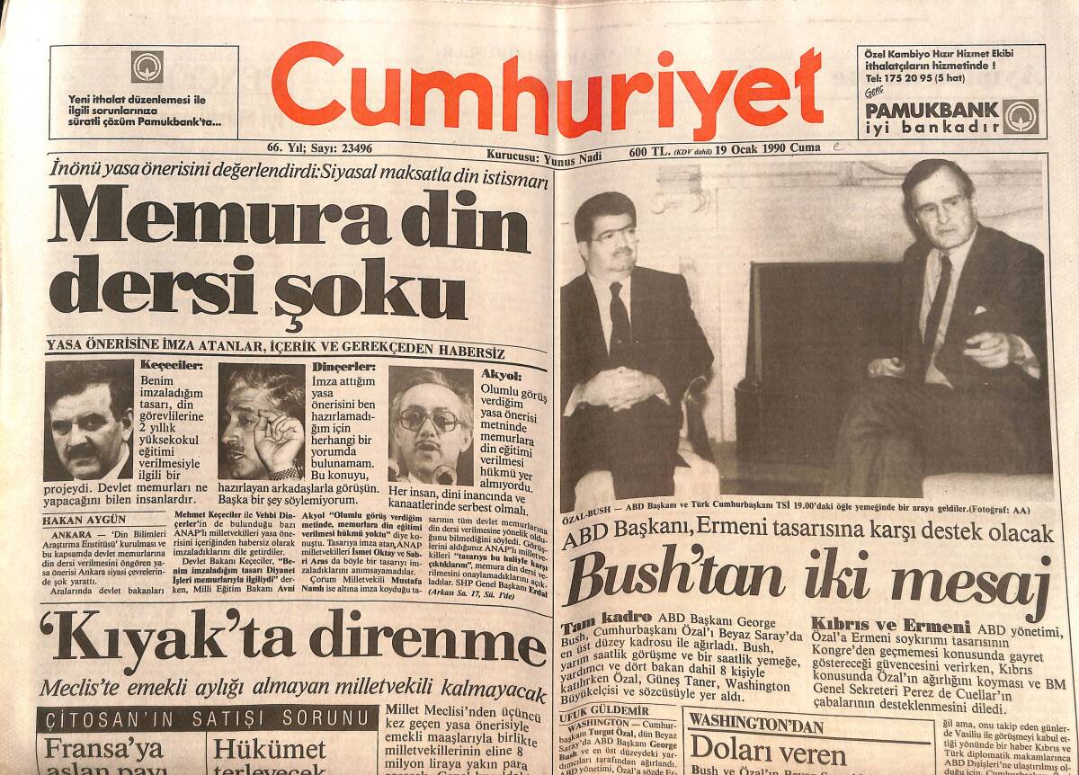 Cumhuriyet Gazetesi 19 Ocak 1990 - Bush'tan İki Mesaj - SSCB'de Kısmi Seferberlik - Memura Din Dersi Şoku GZ151925 - 1
