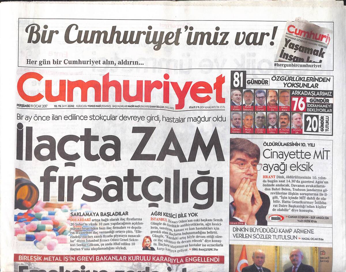 Cumhuriyet Gazetesi 19 Ocak 2017 - İlaçta Zam Fırsatçılığı - İsrail'den Kanlı Yıkım GZ135476 - 1