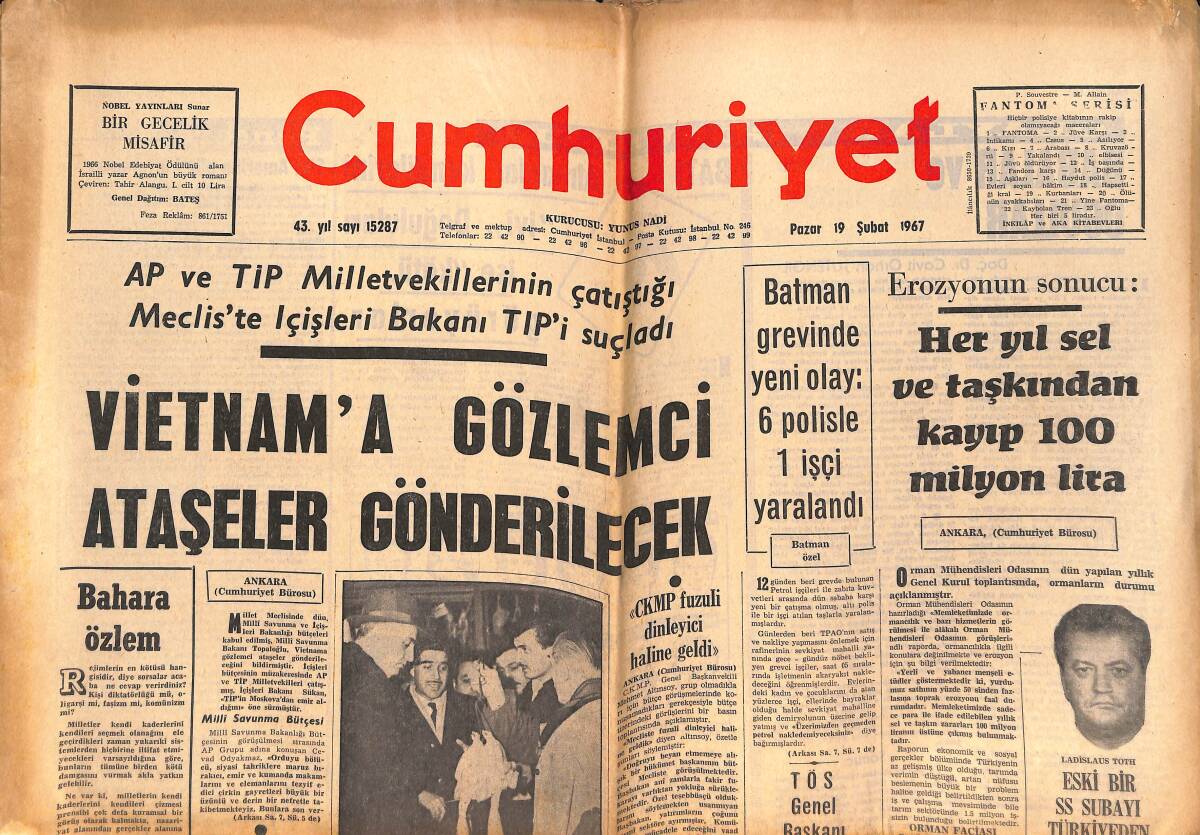 Cumhuriyet Gazetesi 19 Şubat 1967 - Vietnam'a Gözlemci Ataşeler Gönderilecek - İnter, Pele'ye 12 Milyon Lira Teklif Etti GZ139799 - 1