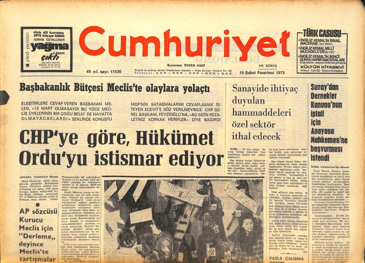 Cumhuriyet Gazetesi 19 Şubat 1973 - CHP'YE Göre Hükümet Ordu'yu İstismar Ediyor - Tenzilatlı Satışlar Da Alışverişi Canlandırmadı GZ142600 - 1