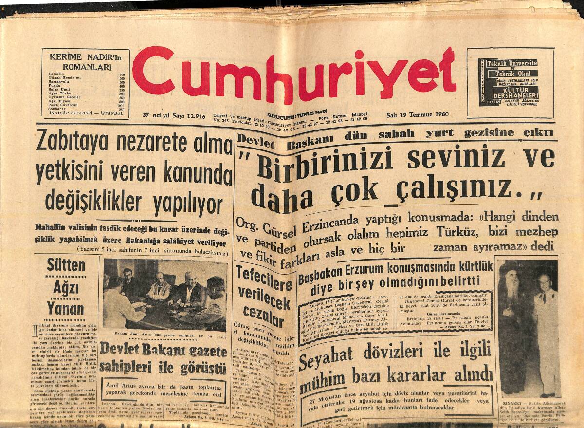 Cumhuriyet Gazetesi 19 Temmuz 1960 - Devlet Başkanı Gazete Sahipleri İle Görüştü - Galatasaray'ın Son Maçı Torpeto İle GZ139124 - 1