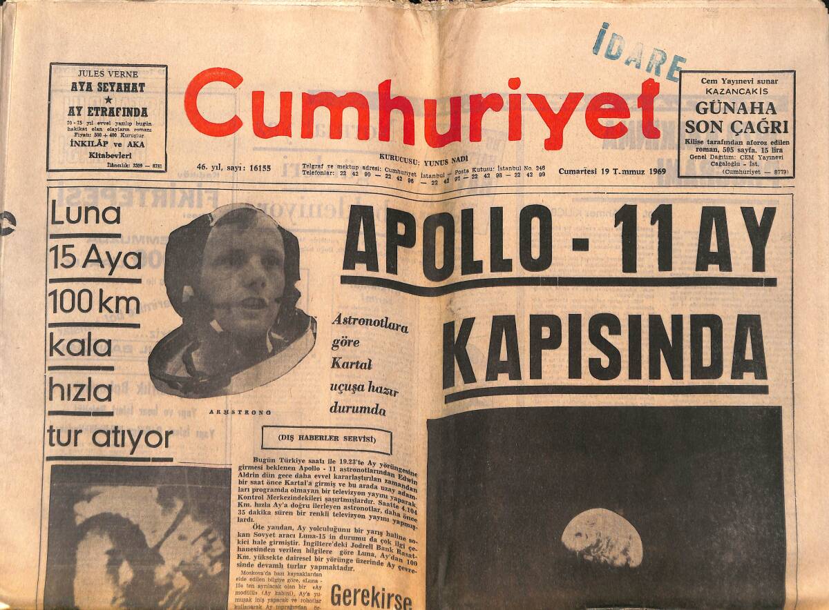 Cumhuriyet Gazetesi 19 Temmuz 1969 - Apollo-11 Ay Kapısında - Ay'a 9 İniş Daha Yapılacak GZ149418 - 1