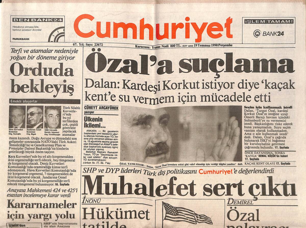 Cumhuriyet Gazetesi 19 Temmuz 1990 - Özal'a Suçlama - Kararnameler İçin Yargı Yolu GZ151912 - 1