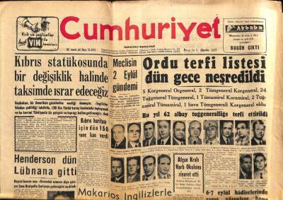 Cumhuriyet Gazetesi 2 Ağustos 1957 - Bolu Emniyet Müdürü Sarhoş Bir Polis Tarafından Öldürüldü - Asya Gripi Hakkında Açıklama GZ96974 - 1