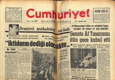 Cumhuriyet Gazetesi 2 Ağustos 1966 - Senato Af Tasarısını Dün Gece Kabul Etti GZ58966 - 1