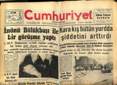 Cumhuriyet Gazetesi 2 Aralık 1957 - Eisenhower İstifa Etmeyecek - İnönü Bölükbaşı İle Bir Görüşme Yaptı GZ121930 - 1