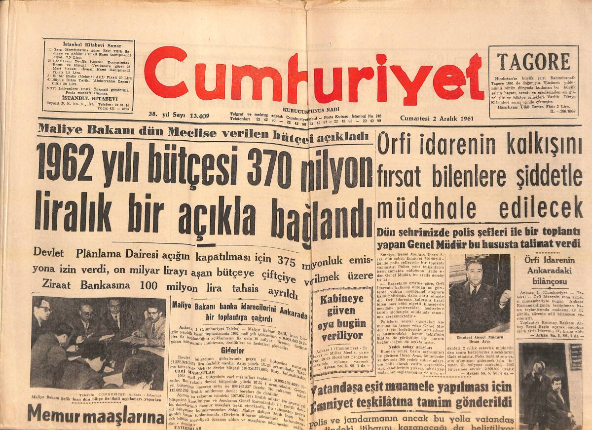 Cumhuriyet Gazetesi 2 Aralık 1961 - 1962 Yılı Bütçesi 370 Milyon Liralık Bir Açıkla Bağlandı - Açıkta Kalan Lise Mezunları Dün Bir Derse Müdahale Etti GZ139056 - 1