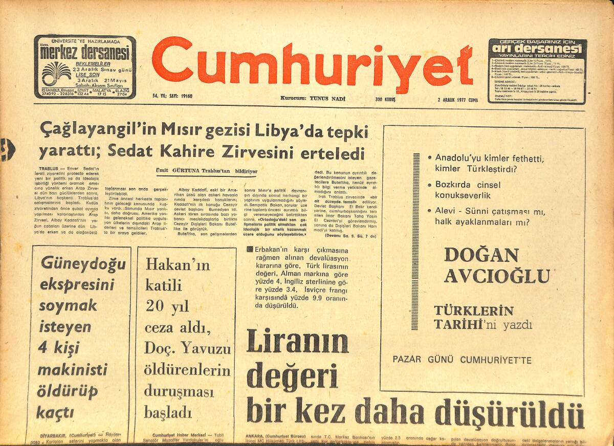 Cumhuriyet Gazetesi 2 Aralık 1977 - İspanyol Juanito'nun Sağlık Durumu Ciddi - 1978 Ve 1979 Yılları IMF'NİN İsteklerine Göre Programlandı! GZ143162 - 1
