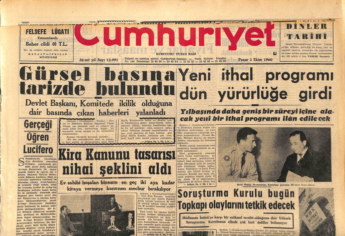 Cumhuriyet Gazetesi 2 Ekim 1960 - Galatasaray İle Beşiktaş Mağlup Oldular - Sabık Emniyet Müdürü Faruk Oktay Yassıada'da Kalpten Öldü GZ152544 - 1