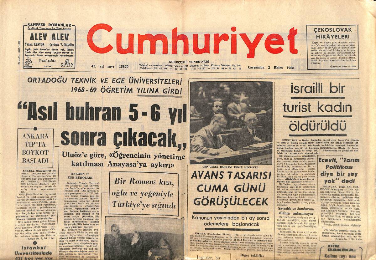Cumhuriyet Gazetesi 2 Ekim 1968 - Bülent Ecevit, Tarım Politikası Diye Bir Şey Yok Dedi - Faruk Sükan: Gönül Yazar'ı Kabul Etmedi! GZ139999 - 1