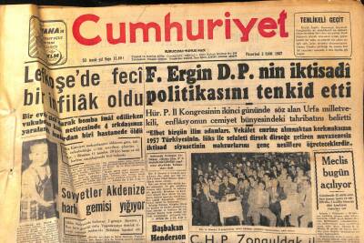 Cumhuriyet Gazetesi 2 Eylül 1957 - Sovyetler Akdenize Harb Gemisi Yığıyor - Lefkoşede Feci Bir İnfilâk Oldu GZ119669 - 1