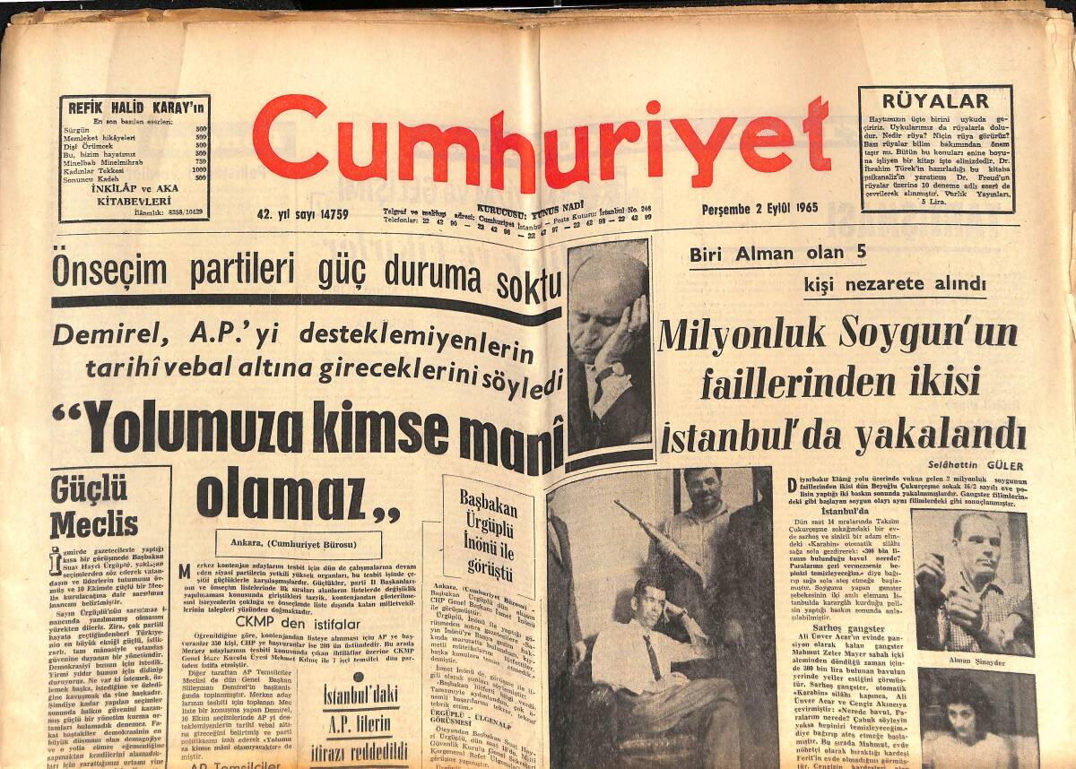 Cumhuriyet Gazetesi 2 Eylül 1965 - Galatasaray Kupayı 3. Defa Kazandı - Doktor Albert Schweitzer Ağır Hasta - Başbakan Ürgüplü, İnönü İle Görüştü GZ139770 - 1