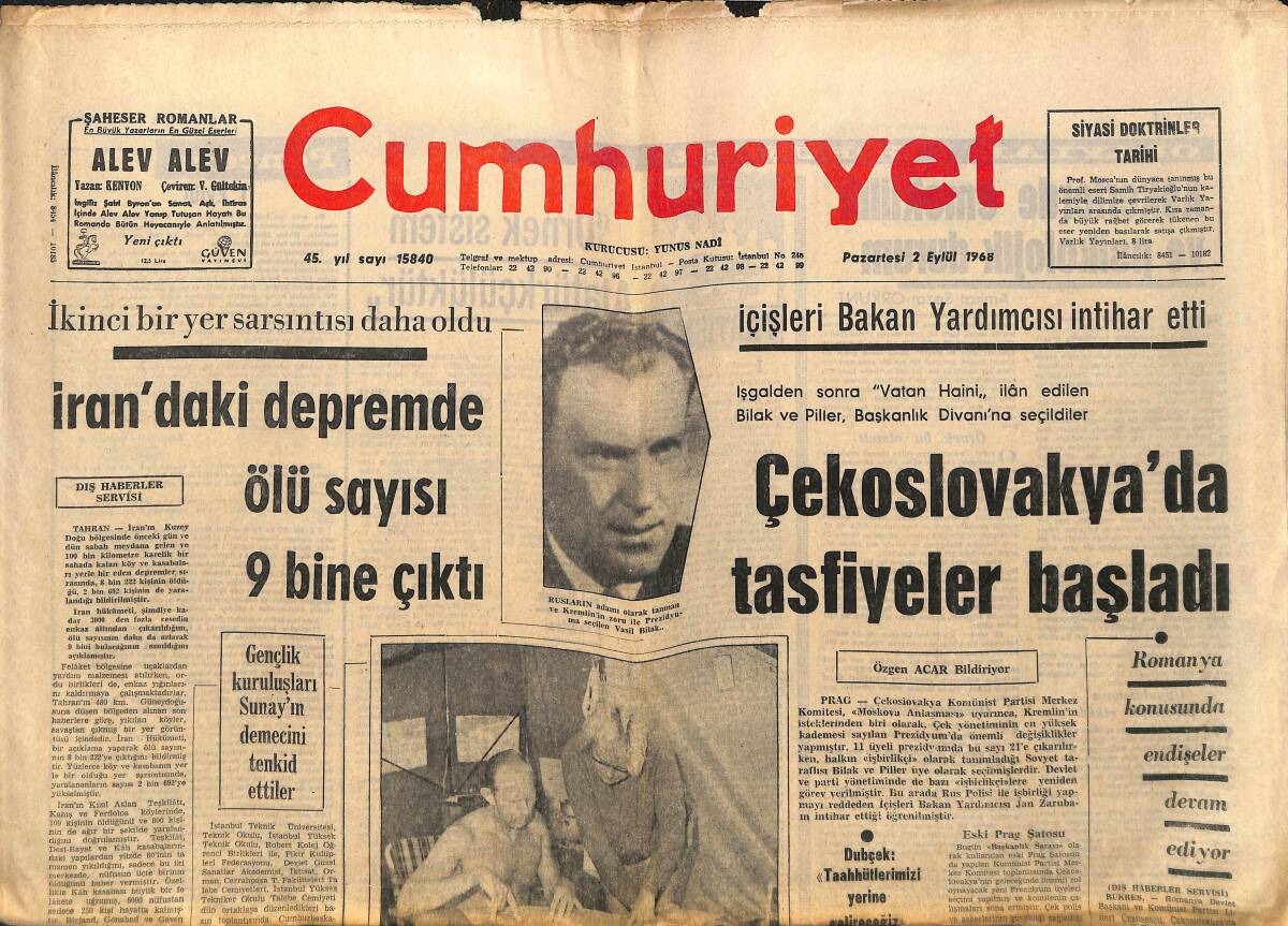 Cumhuriyet Gazetesi 2 Eylül 1968 - İran'daki Depremde Ölü Sayısı 9 Bine Çıktı - Polis Arap Nasri'yi 12 Yıl Uğraştıktan Sonra Yakaladı! GZ139989 - 1