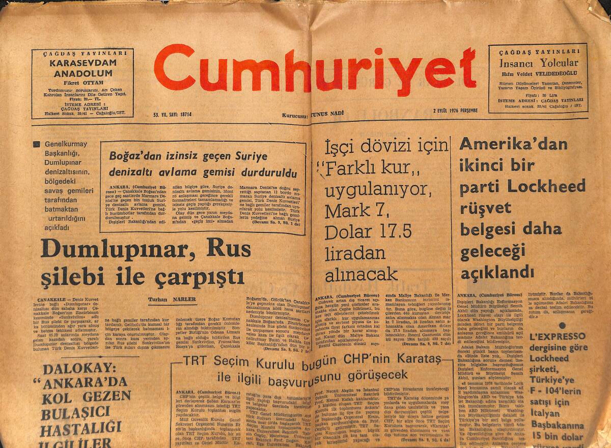 Cumhuriyet Gazetesi 2 Eylül 1976 - Dumlupınar, Rus Şilebi İle Çarpıştı - M. Ali 22 Eylül'de Ken Norton İle Karşılaşıcak GZ140027 - 1