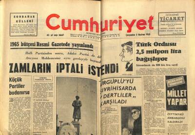 Cumhuriyet Gazetesi 2 Haziran 1965 - 1965 Bütçesi Resmi Gazetede Yayınlandı Zamların İptali İstendi GZ59124 - 1