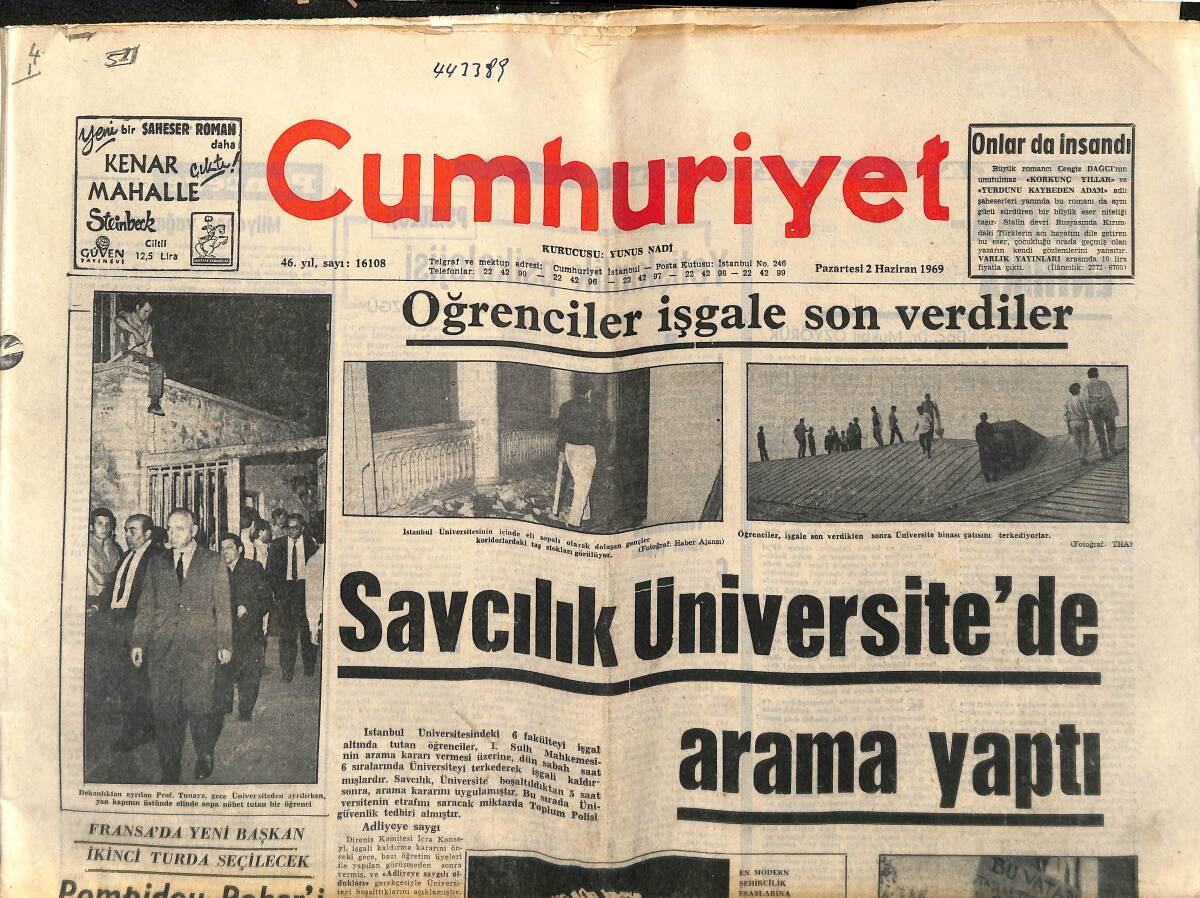 Cumhuriyet Gazetesi 2 Haziran 1969 - Pompidou Poher'i Büyük Farkla Geçti - Milli Şuurun Sesi Mitinginde Anayasa Değişikliği İstendi! GZ139889 - 1