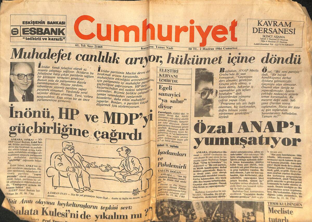 Cumhuriyet Gazetesi 2 Haziran 1984 - Muhalefet Canlılık Arıyor - Özal ANAP'ı Yumuşatıyor GZ133292 - 1