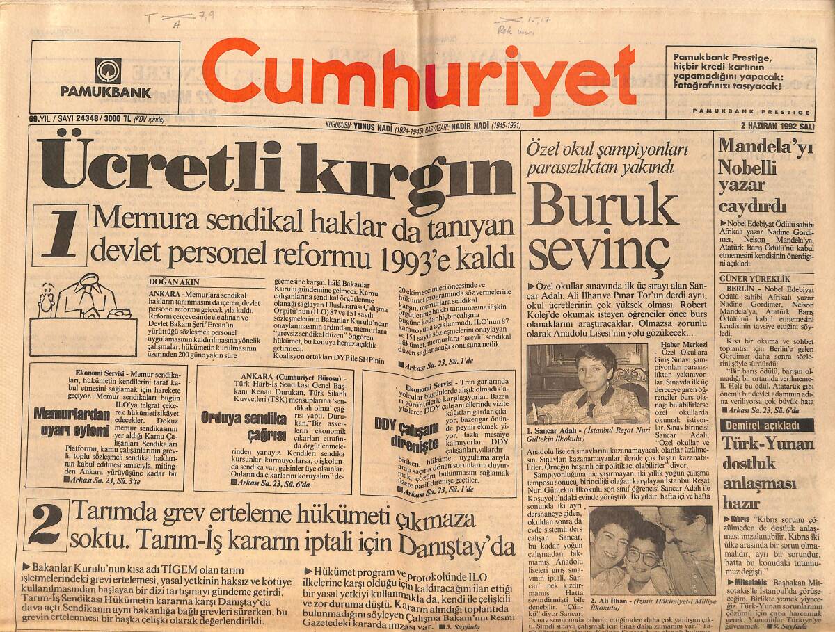 Cumhuriyet Gazetesi 2 Haziran 1992 - Mandela'yı Nobelli Yazar Caydırdı - Belgrad'da Benzine Hücum GZ157218 - 1