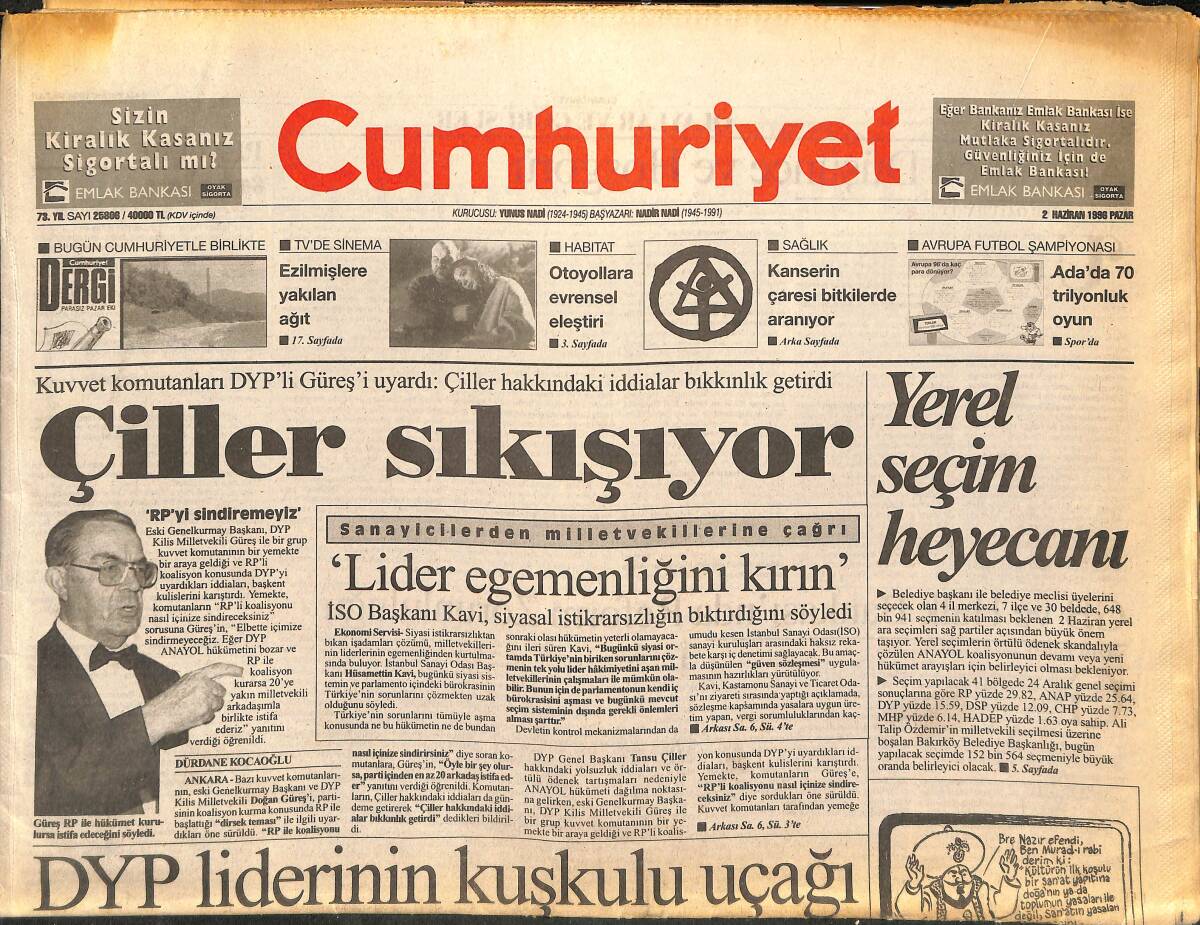 Cumhuriyet Gazetesi 2 Haziran 1996 - F-16 Uçaklarında Sakıncalı Tercih - Şampiyonluk Aslanın Ağzında GZ147840 - 1