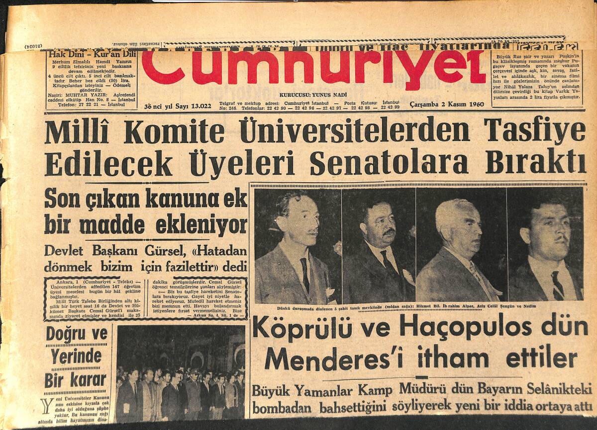Cumhuriyet Gazetesi 2 Kasım 1960 - Köprülü Ve Haçopulos Dün Menderes'i İtham Ettiler - Feyzioğlu'nun İstifası Kabul Edilmedi GZ152567 - 1