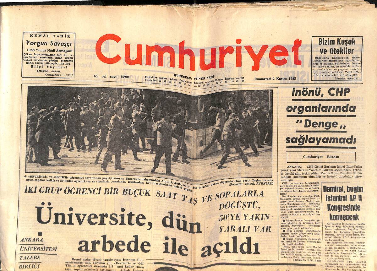 Cumhuriyet Gazetesi 2 Kasım 1968 - İnönü CHP Organlarında Denge Sağlayamadı - Türk-Fransız İlişkileri Lale Devri GZ139781 - 1