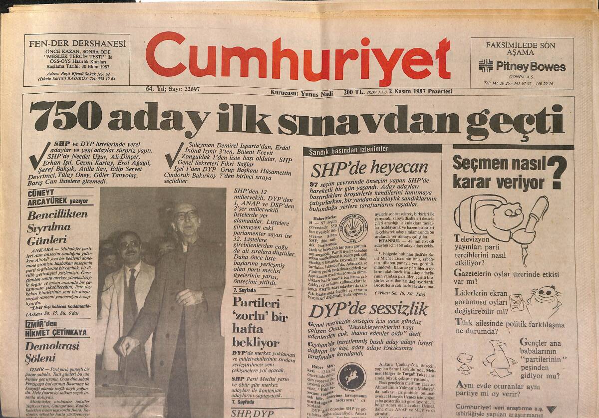Cumhuriyet Gazetesi 2 Kasım 1987 - Beşiktaş Liderliği Bırakmadı - Papandreu İle Gündemsiz Görüşelim GZ151658 - 1