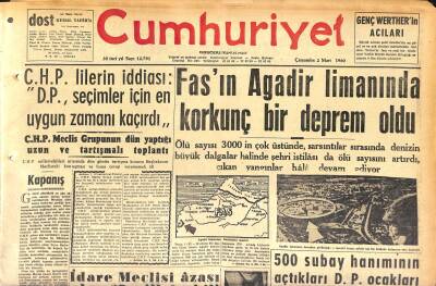 Cumhuriyet Gazetesi 2 Mart 1960 - Fasın Agadir Limanında Korkunç Bir Deprem Oldu GZ120027 - 1