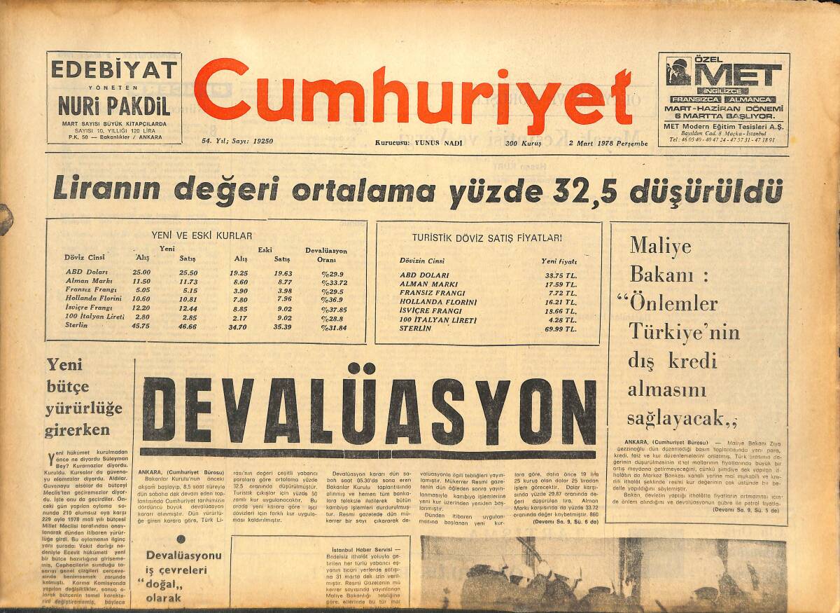 Cumhuriyet Gazetesi 2 Mart 1978 - Liranın Değeri Ortalama Yüzde 32,5 Düşürüldü - İstanbul Üniversitesi Açıldı , Komandolar Olay Çıkardı GZ143660 - 1