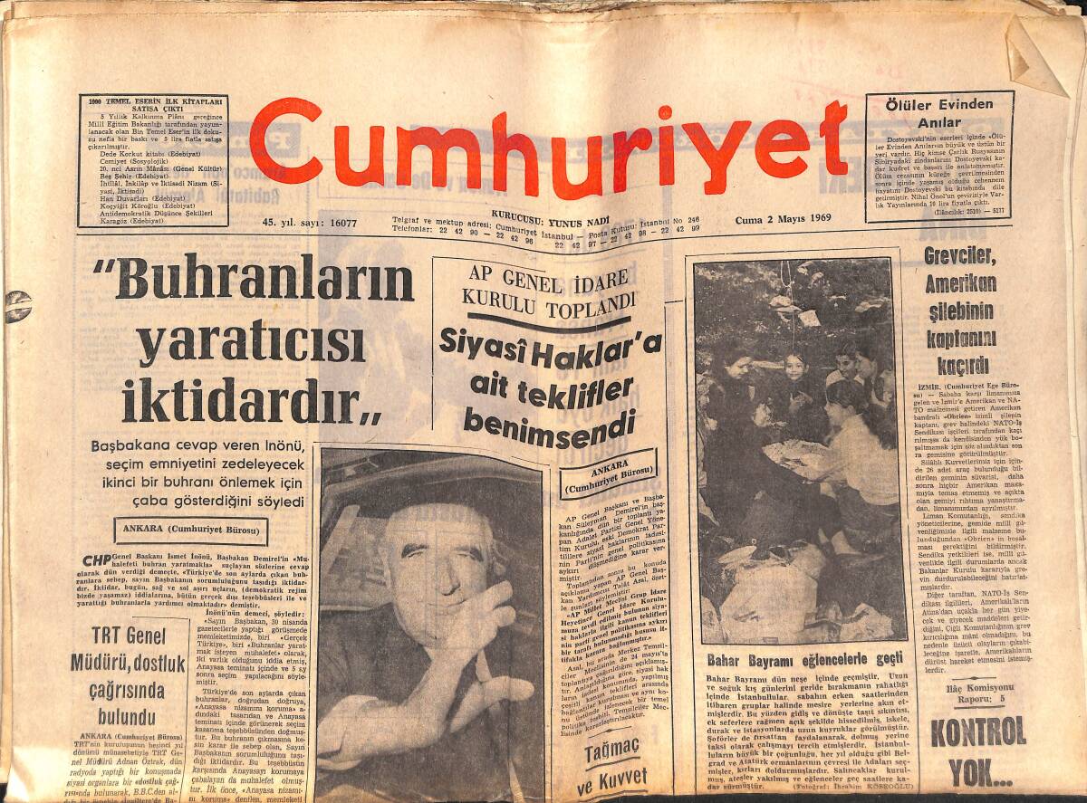 Cumhuriyet Gazetesi 2 Mayıs 1969 - Arap Komandoları Lübnan'da Toplanıyor - Grevciler, Amerika Şilebinin Kaptanını Kaçırdı GZ139779 - 1