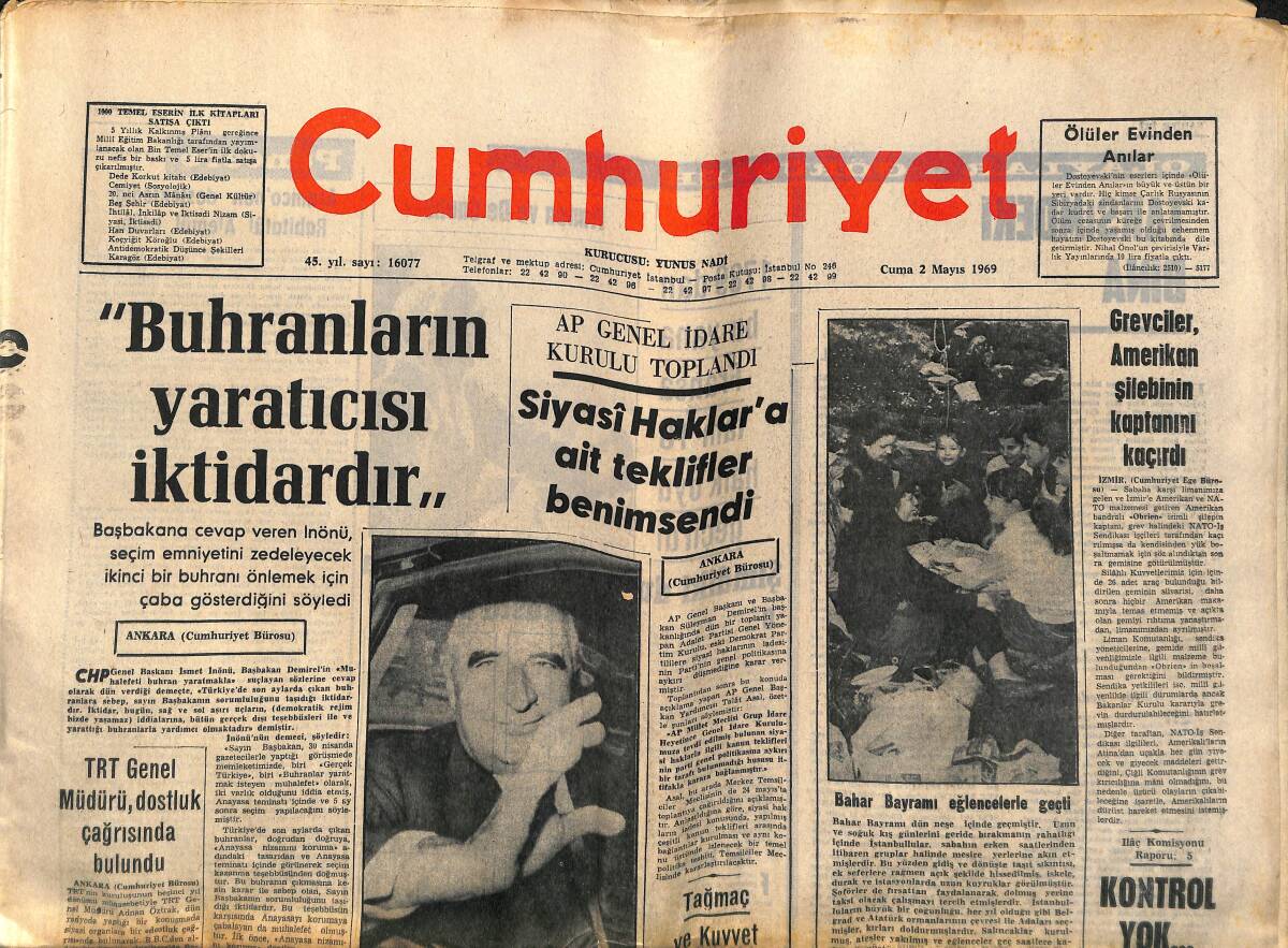 Cumhuriyet Gazetesi 2 Mayıs 1969 - TRT Genel Müdürü Dostluk Çağrısında Bulundu - İmran Öktem Vefat Etti! GZ139886 - 1