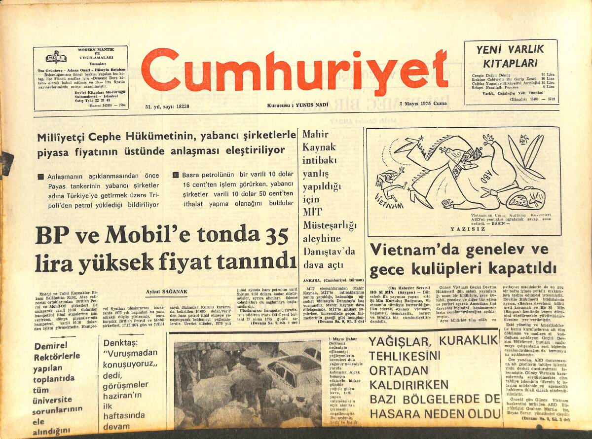 Cumhuriyet Gazetesi 2 Mayıs 1975 - Vietnam'da Genelev Ve Gece Kulüpleri Kapatıldı - Kıbrıs'ın Türk Kesiminde Fiyatlar, Rum Kesimine Oranla Çok Yüksek GZ143627 - 1