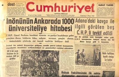 Cumhuriyet Gazetesi 2 Nisan 1960 - İnönünün Ankarada 1000 Üniversiteliye Hitabesi - Hukuk Fakültesinde İlk Sahte Diplomalar Meydana Çıkarıldı GZ120064 - 1
