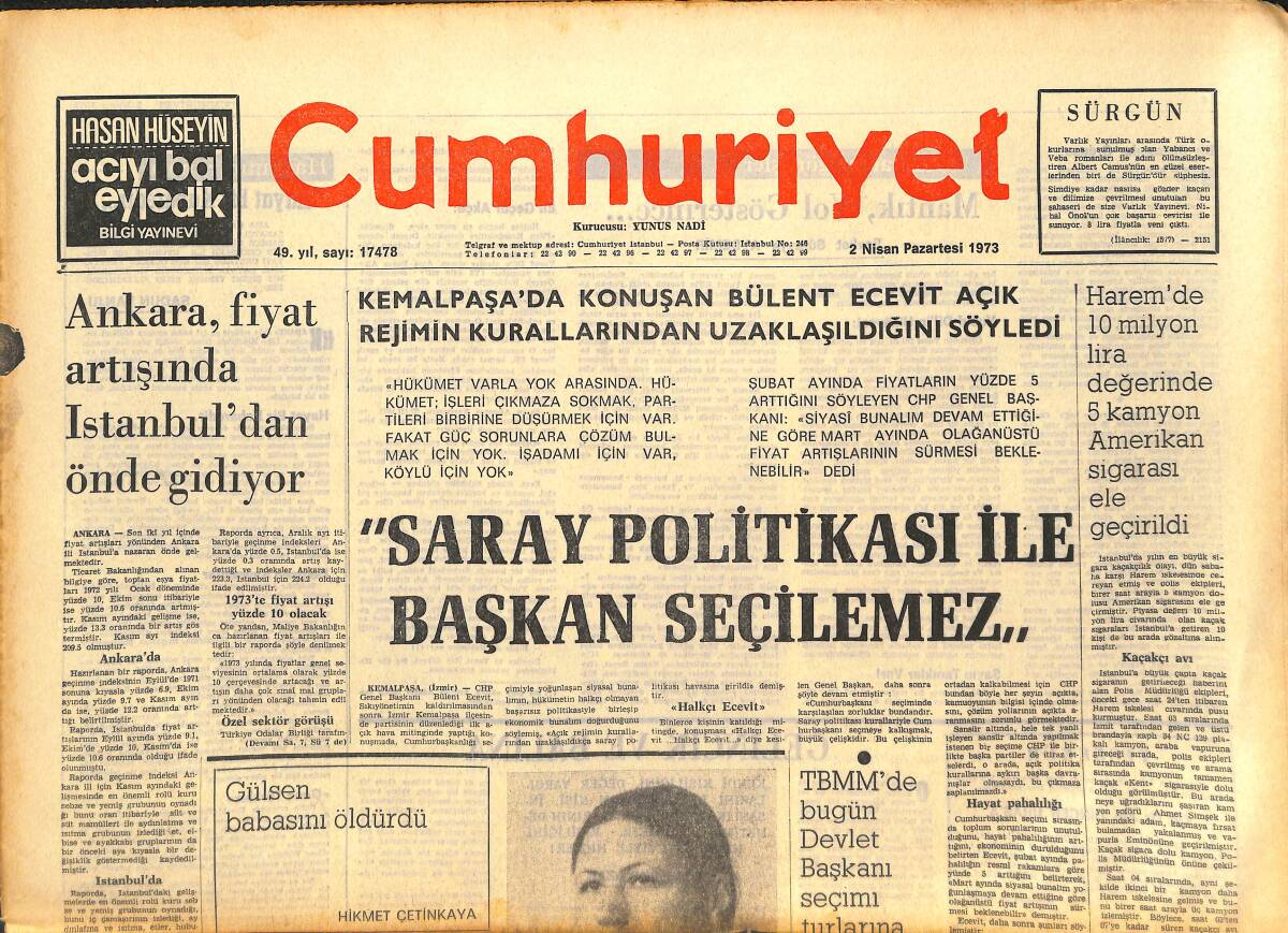 Cumhuriyet Gazetesi 2 Nisan 1973 - Saray Politikası İle Başkan Seçilemez! - CHP'NİN İç Sorunları! GZ142609 - 1