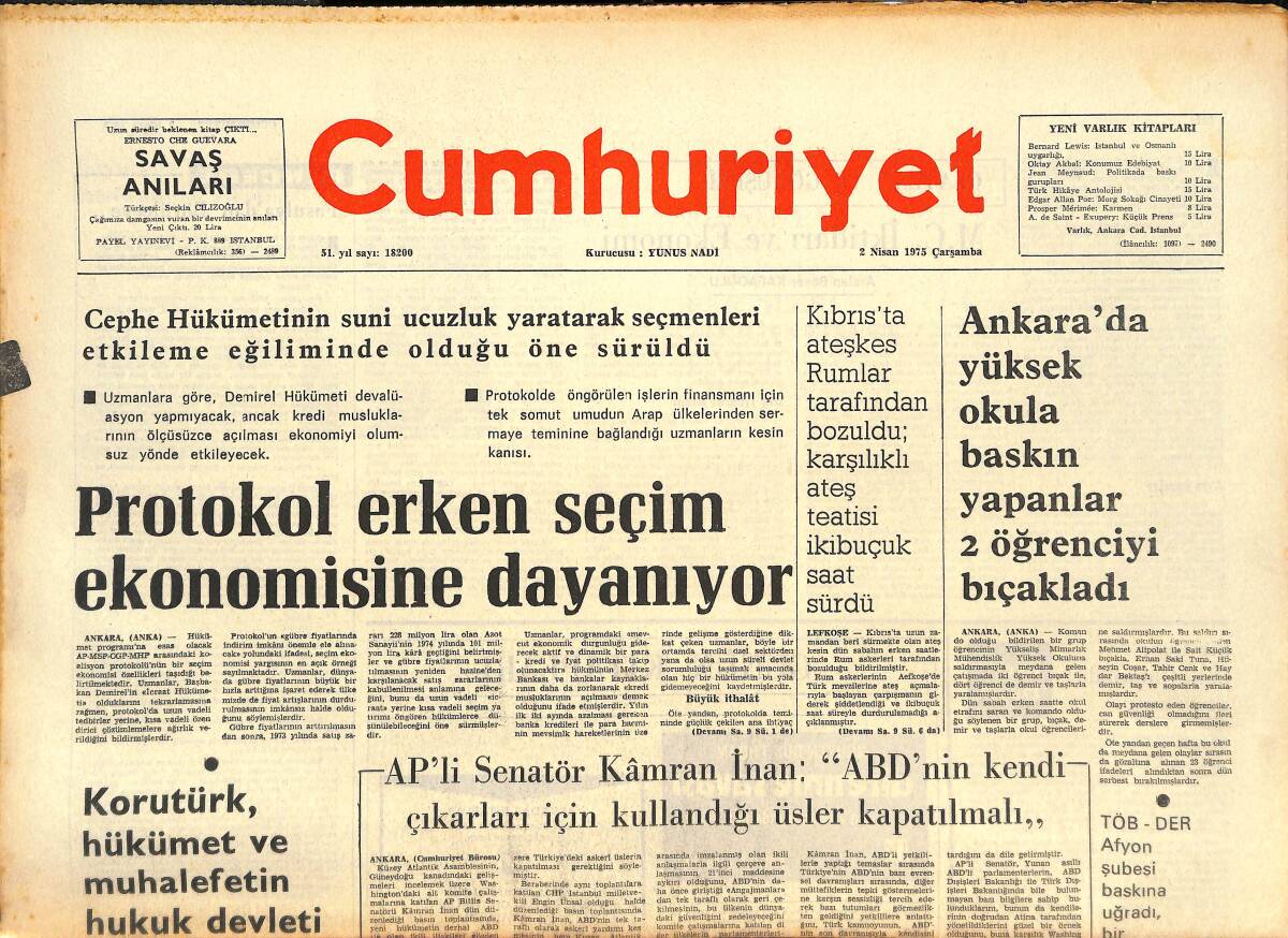 Cumhuriyet Gazetesi 2 Nisan 1975 - Protokol Erken Seçim Ekonomisine Dayanıyor - Türkiye Boks Ligi Ve Getirdiği Sorunlar! GZ143243 - 1