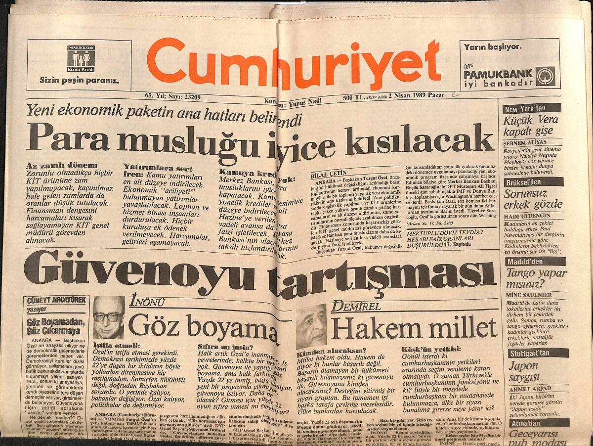 Cumhuriyet Gazetesi 2 Nisan 1989 - Keçeciler'den Özal'a Hayır - Atina'dan Tank Sayısına İtiraz GZ151947 - 1