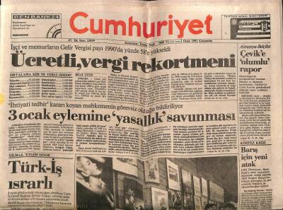 Cumhuriyet Gazetesi 2 Ocak 1991 - İşçi Ve Memurların Gelir Vergisi Payı 1990da Yüzde 58e Yükseldi GZ72233 - 1