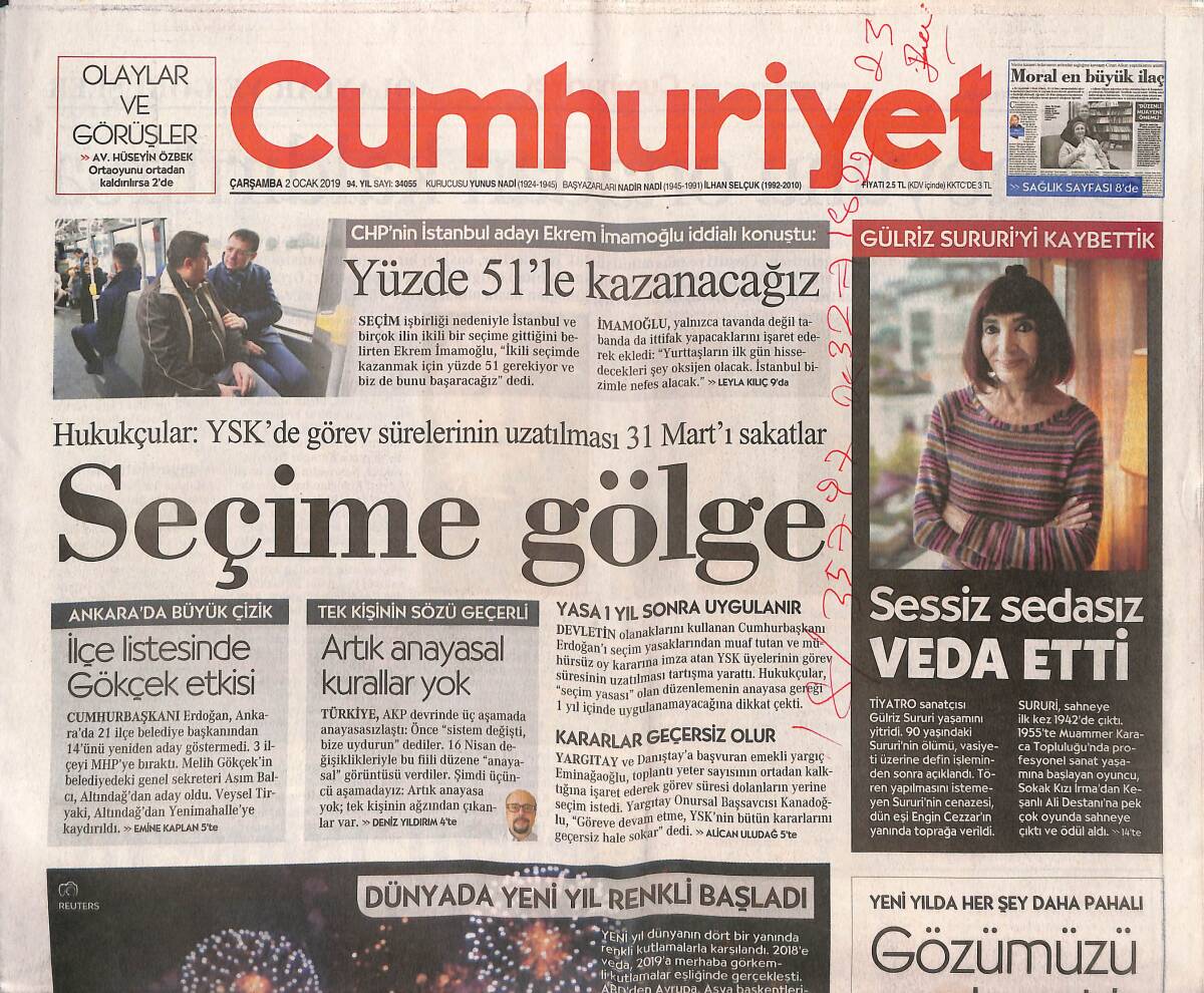 Cumhuriyet Gazetesi 2 Ocak2019 - Askere Işid Görevi - Atlı Polisler Taksim'de - Burak Yılmaz Pazarlığı GZ135490 - 1