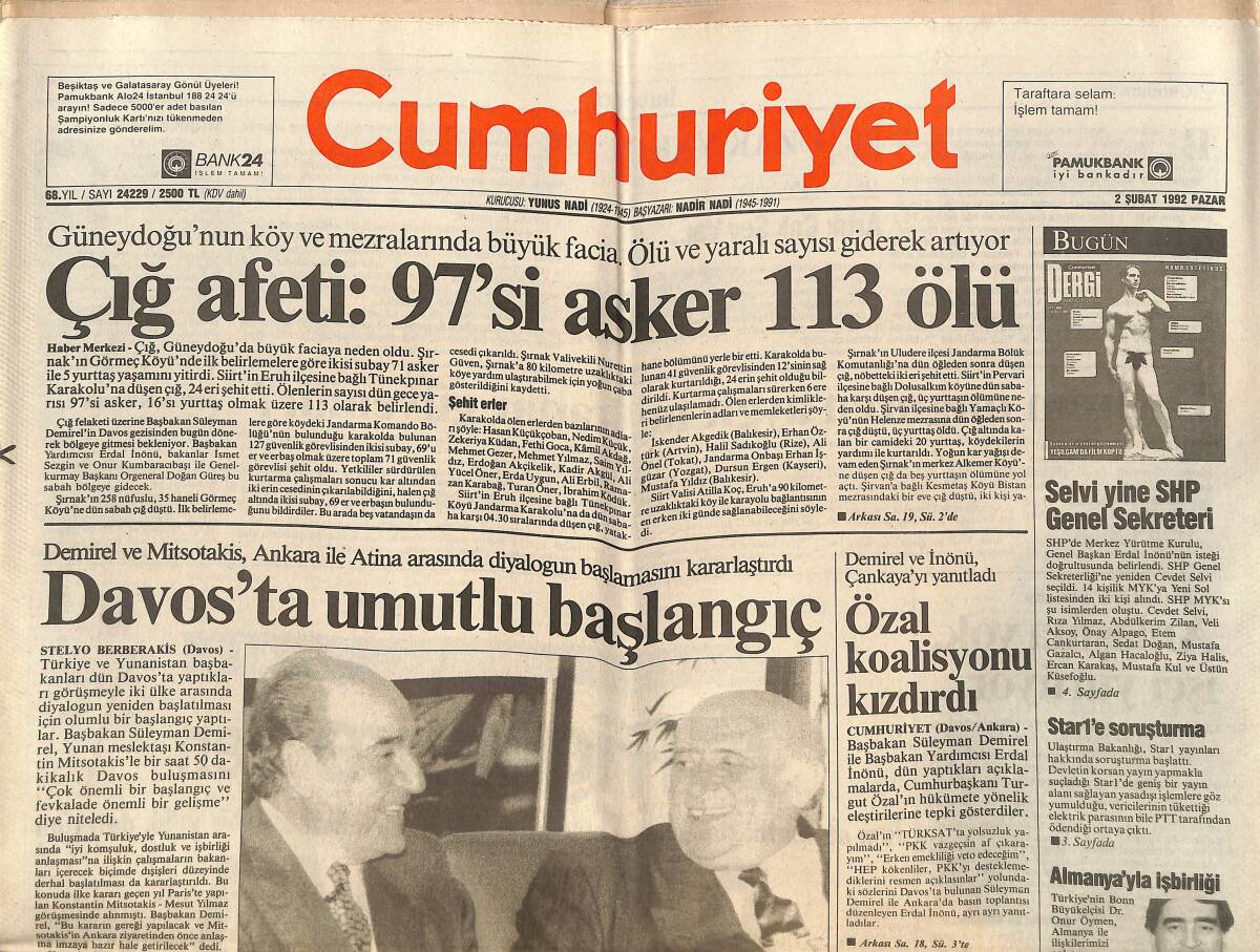 Cumhuriyet Gazetesi 2 Şubat 1992 - Davos'ta Umutlu Başlangıç - İller Bankası'nı Kim Dolandırdı ? GZ151961 - 1