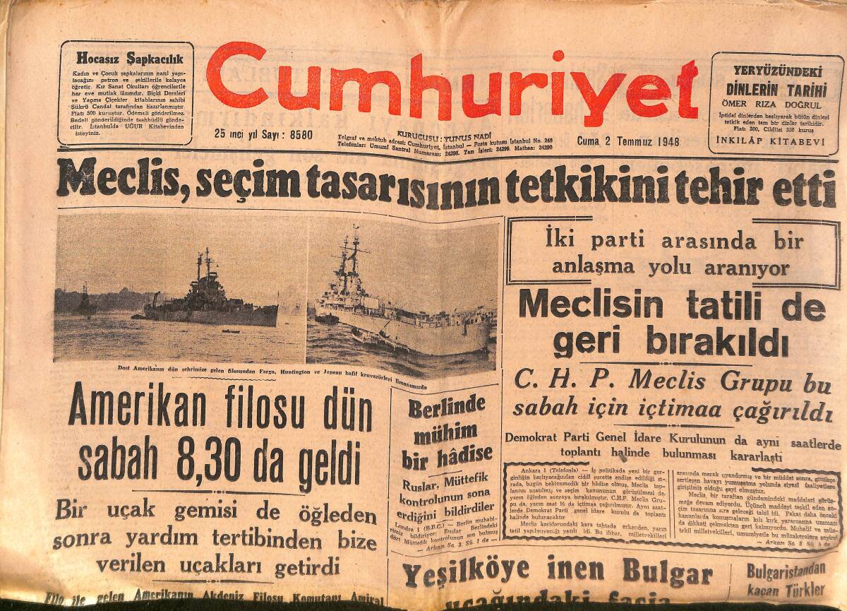 Cumhuriyet Gazetesi 2 Temmuz 1948 - Yugoslavya'da Milli Cereyan Genişliyor - Denizcilik Bayramı GZ149412 - 1