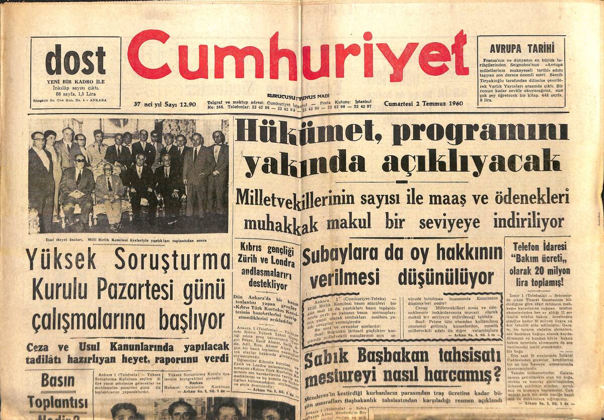 Cumhuriyet Gazetesi 2 Temmuz 1960 - Hükümet Programını Yakında Açıklayacak - Kıbrıs Gençliği Zürih Ve Londra Antlaşmalarını Destekliyor GZ139116 - 1