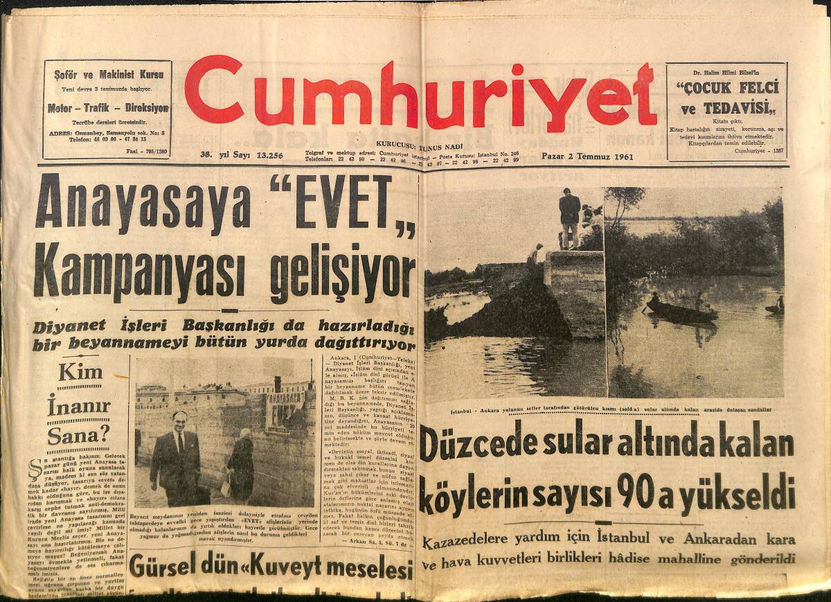 Cumhuriyet Gazetesi 2 Temmuz 1961 - Düzce'de Sular Altında Kalan Köylerin Sayısı 90'a Yükseldi - İngiliz Askerleri Kuveyt'e Çıktılar! GZ139987 - 1
